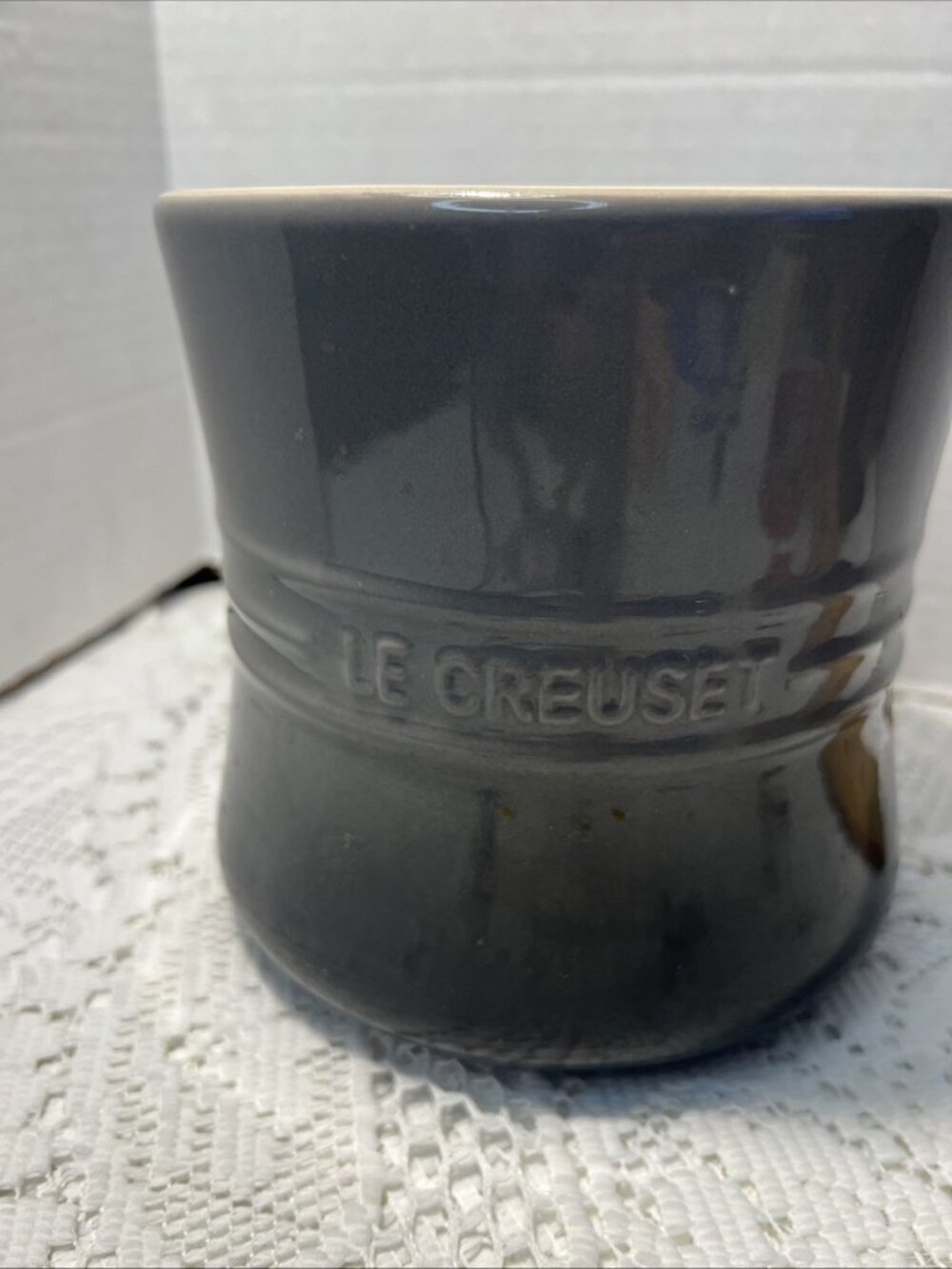 *Le Creuset* Grey Stoneware 2.3 Liter Utensil Crock - 6" Tall Tan On Inside